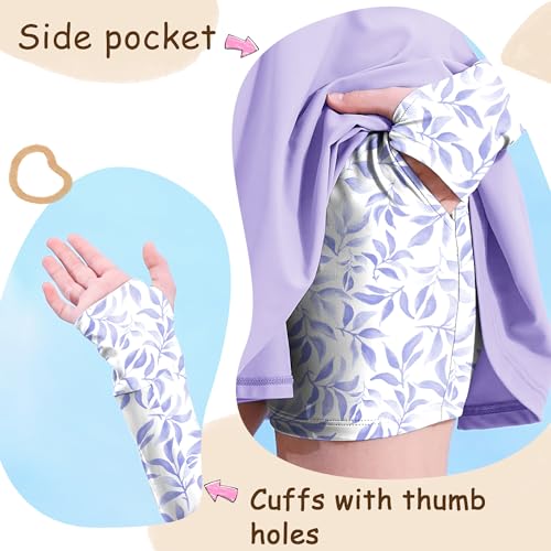 Image of HOZIY Girls Long Sleeve Swimsuit Two Piece Rash Guard Dress with Swim Shorts Front Zip for Kids Tween Teens UPF 50+