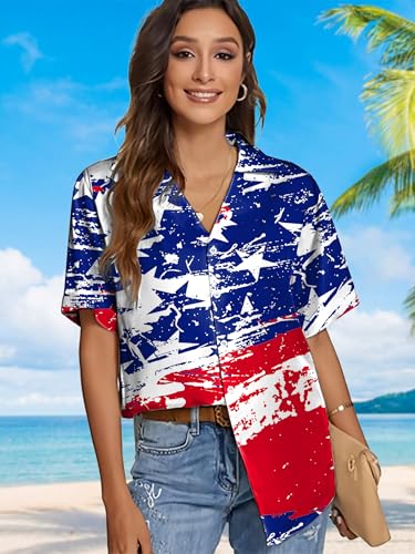 Image of American Flag Shirt for Women 4th of July USA Button Up Tops Summer Hawaii Floral Patriotic Stripes Graphic Tee