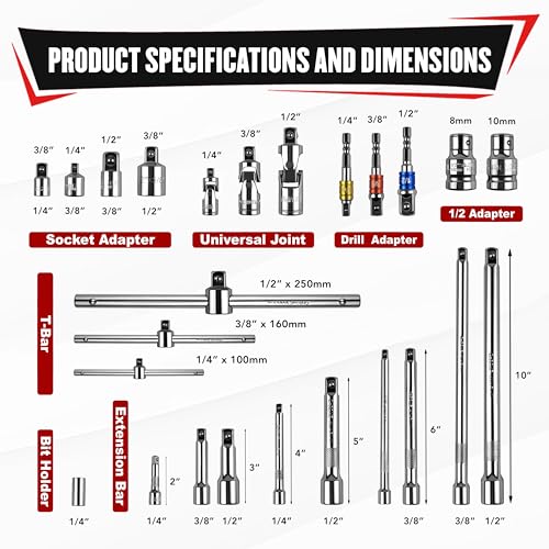 Image of YIYITOOLS 25Pcs Drive Tool Accessory Kit, 1 /4 inch 3 /8 inch 1 /2 inch Socket Accessories, Extension Bar, Adapter, Universal Joint & T-Bar, Professional CR-V Steel Construction