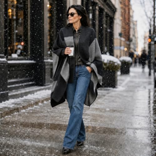 Image of Plaid Shawl Wrap for Women Boho Open Front Poncho Wrap Fall Winter