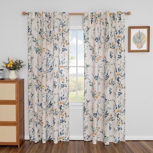 Image of MYSKY HOME Floral Linen Curtains 84 Inch Long 2 Panels Semi Sheer Cottage