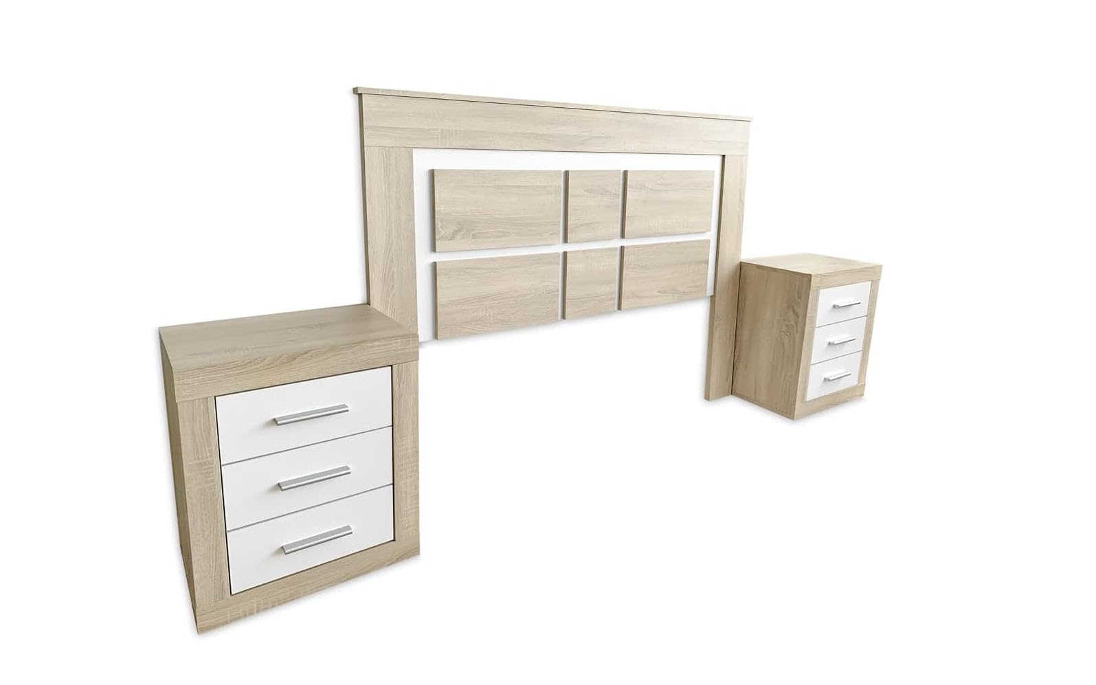 S & S Saldos y Stocks Cabecero de Matrimonio Kiara + 2 Mesitas de Noche Cambria y Blanco