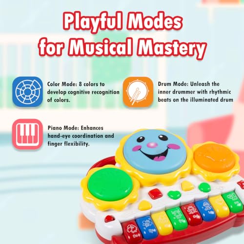 Image of Gooyo GY-88034 Musical Drum & Electronic Piano Keyboard Toy with Animals Sounds Flashings Lights & Music | Piano Keyboard Toy for Kids | Red | 3xAA Battery (Not Included) | Gift Box Packaging