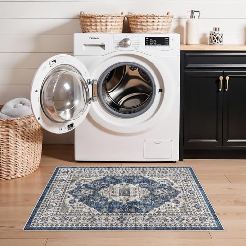 2x3 Washable Vintage Area Rug: Indoor Soft Entryway Rug with Non Slip Backing Water Resistant Carpet for Kitchen Bathroom Laundry Low Pile Door Mat Perfect for Homes with Cats & Dogs(2x3,Blue)