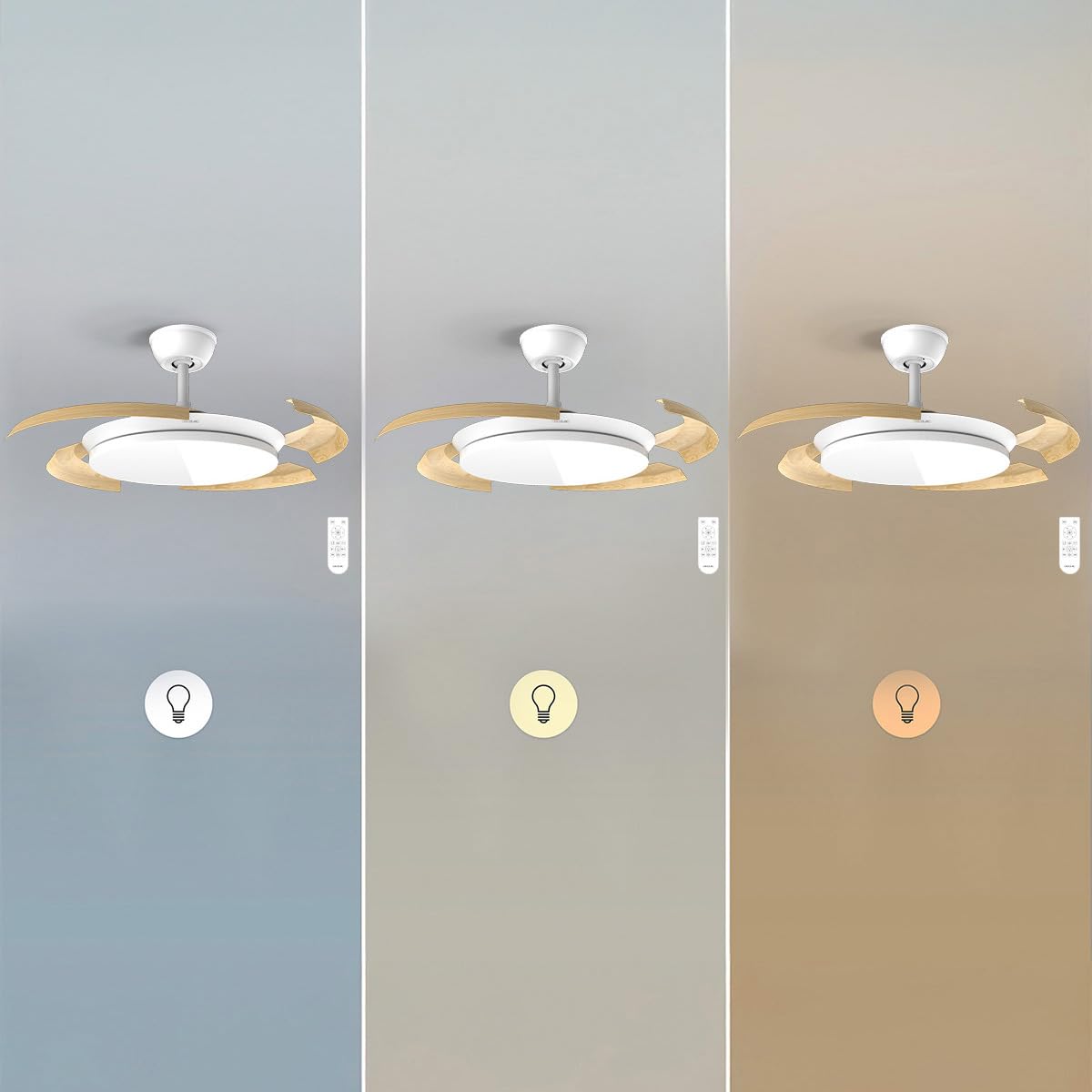 Cecotec Ventilatore da Soffitto Luce e Pale Retrattili EnergySilence Aero 4500 Puzzle Invisible White&LightWood. 30W, Motore DC, 42", LED, Telecomando, Timer, Estate/Inverno, Relax Totale