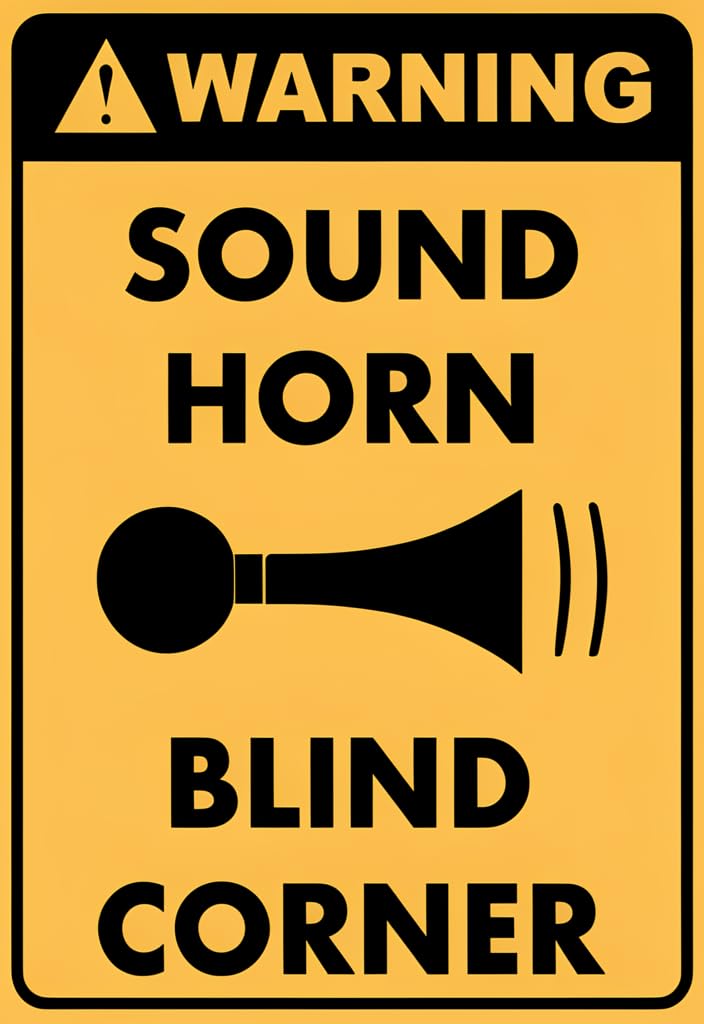 peiyeety Warning Sound Horn Blind Corner Tin Sign 12x8 Inch, Yellow & Black Metal Wall Decor Plaque, Bold Safety Notice for Driveway Garage Workshop Parking Area, Funny Industrial Gift