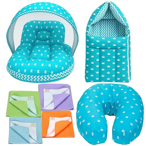 Image of Fareto Infantbond Baby Bedding Set Essentials Combo | Baby Bed | Carry Bag | Sleeping Bag | Dry Sheets | Feeding Pillow (0-6 Months)(All in 1) (B Crown)