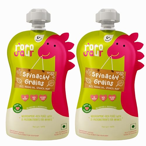 Rorosaur Baby Food Puree Pouch | Ready to Eat Palak Dal with Jowar in Pouch for 6+ Months Baby| Spinach |Easy to Digest, 100% Natural Healthy, No Preservatives, No Sugar, No Salt | 100g each, Pk of 2