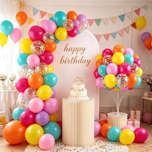 Image of Zesliwy Rainbow Balloons,50pcs 12inch Summer Balloons Orange Yellow Hot Pink Balloons Teal Blue Dark Pink Balloon with Colorful Confetti Balloon for Tropical Birthday Wedding Hawaiian Party Decor
