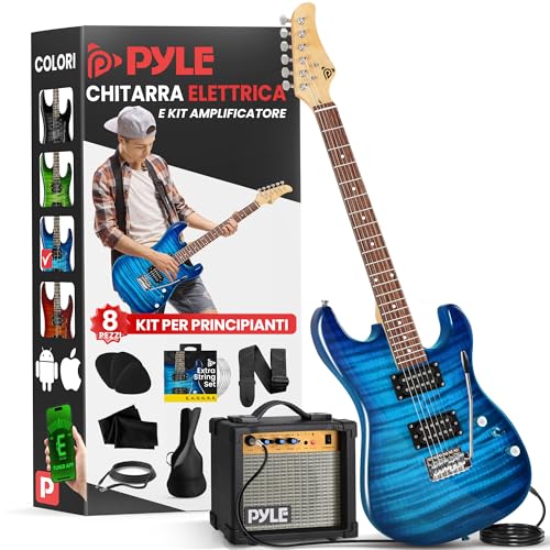 Pyle Chitarra Elettrica a Grandezza Naturale con Pickup Humbucker, Kit per Principianti con Amplificatore, Custodia, Tracolla, Accordatore, Plettro e Tremolo, Ideale per Casa, Lezioni, Sala Prove, Blu