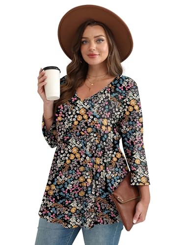 Image of OFEEFAN 3 /4 Length Sleeve Womens Tops 2026 Blouses for Women Dressy Casual Fashion Clothing V Neck Babydoll Tops Fall Outfits