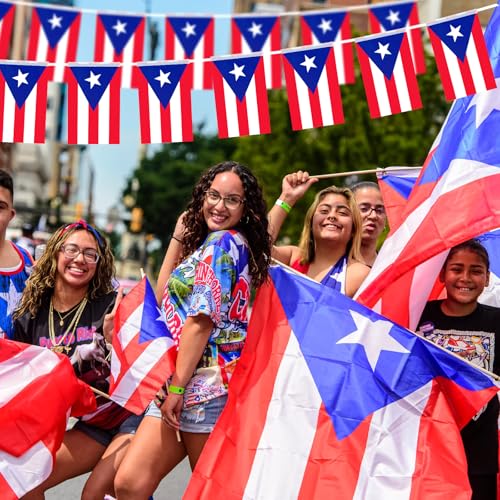 Image of 32.8 ft Puerto Rico Flag Banner, 30 Pcs Mini String Flags, Red White Blue Bunting for Puerto Rican Day Parade, Festivals, Home, Garden, and Outdoor Decorations