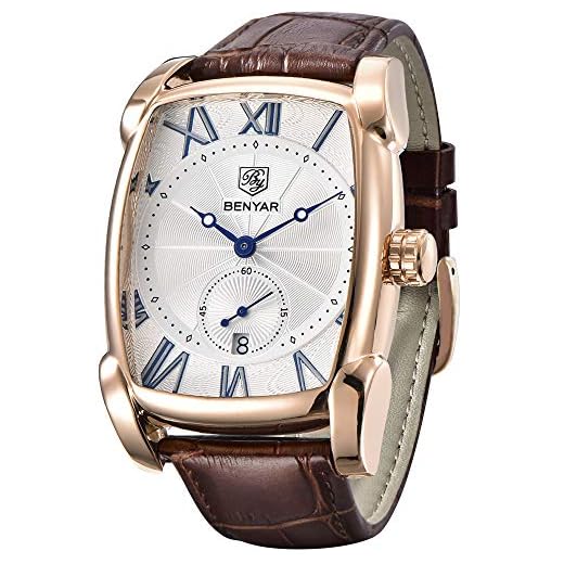 BENYAR Watch for Men 5114M Square 3ATM Waterproof Leather Simple Quartz Business Fashion Casual Classic Retro Rectangle Watches