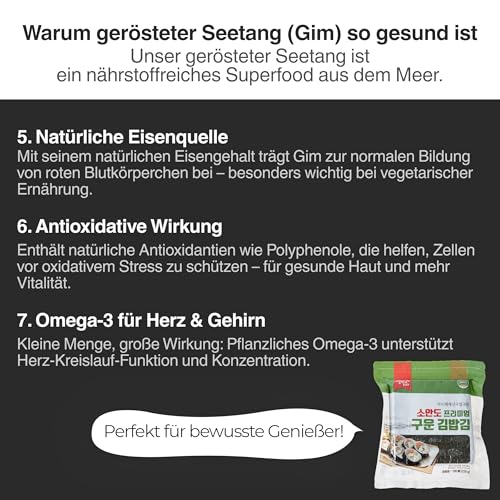 Premium Kimbap Gim Nori – Geröstete Seetangblätter für Sushi & Kimbap | Fein geröstet & bestens formstabil | 15 / 50 / 100 Blatt im wiederverschließbaren Beutel (15 Blatt)