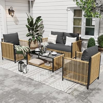 Vimstora Patio Furniture Set 4 Pieces, Outdoor Furniture 4-Seat Sofa with 2-Layer Coffee Table, Waterproof Thick Cushion Deep Seating,Patio Conversation Sets for Balcony, Garden, Backyard & Porch