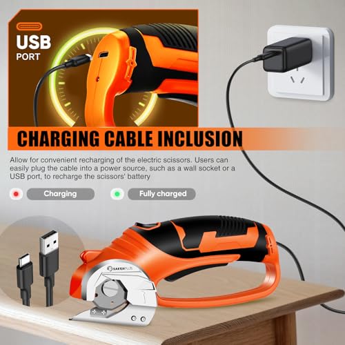 Image of SakerPlus Cordless Electric Scissors, 4V Cardboard Cutter, Box Cutter Fabric Scissor with Safety Lock & LED Light, Rechargeable Power Rotary Cutters for Box Carpet Fabric Plastic Leather