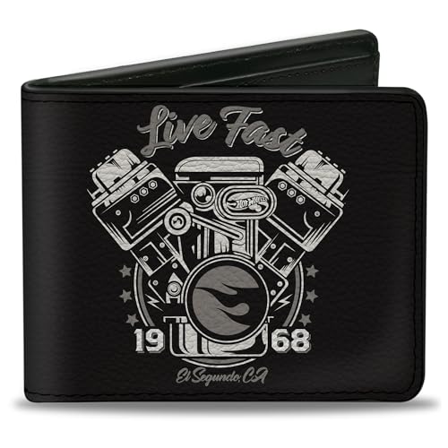 Buckle-Down Mattel Wallet, Bifold, Hot Wheels Live Fast 1968 Engine Pistons Black Grays, Vegan Leather