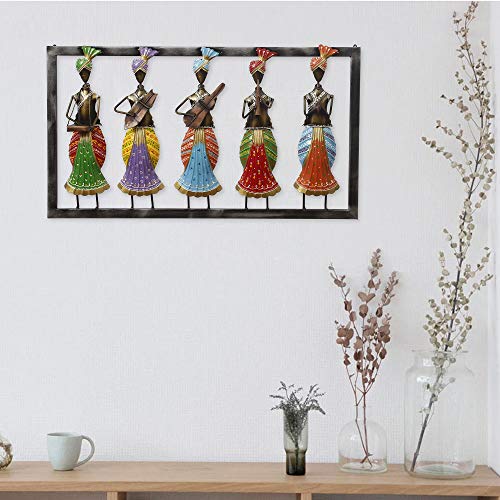 Image of Ecraftindia Set of 5 Tribal Women Playing Different Musical Instruments Colorful Decorative Iron Wall Hanging, Orange, Blue, Green, Brown and Purple, One Size (Irlady506)