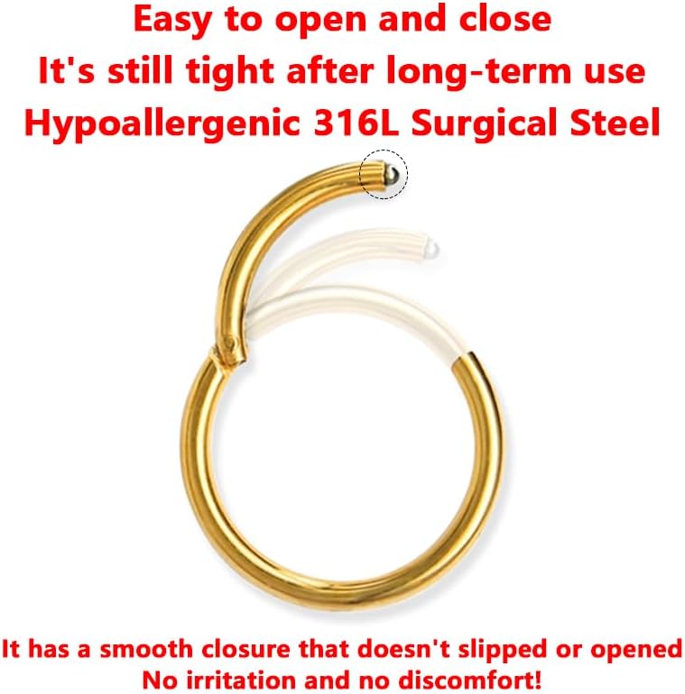 Nose Rings Hoop and Nose Studs Sets for Women Men,Hypoallergenic 316L Surgical Stainless Steel Hinged Clicker Segment Nose Rings Hoop Helix Cartilage Daith Tragus Sleeper Earrings Silver Gold Black L Shape/Corkscrew/Straight Nose Studs Real Body Piercing Jewelry - Image 3