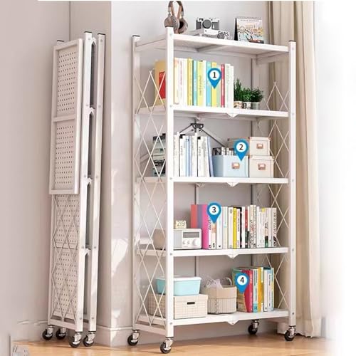 5-Niveles Estante de Almacenamiento Plegable de Metal de con Ruedas, 28,15' W x 15,55' D x 62,60' H, 950 lbs Capacidad de Carga, Estante de Organizador de Montaje sin Servicio (Blanco, 5-Niveles)