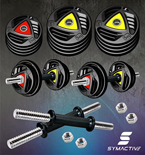 Image of Amazon Brand - Symactive Professional Metal Integrated Rubber Adjustable 50 Kg Dumbbells Fitness Kit For Full Body Workout (2.5X4 + 5X8 Kg Rubber Weight, 14'' Dumbbell Rods Pair & Nuts), Multicolor