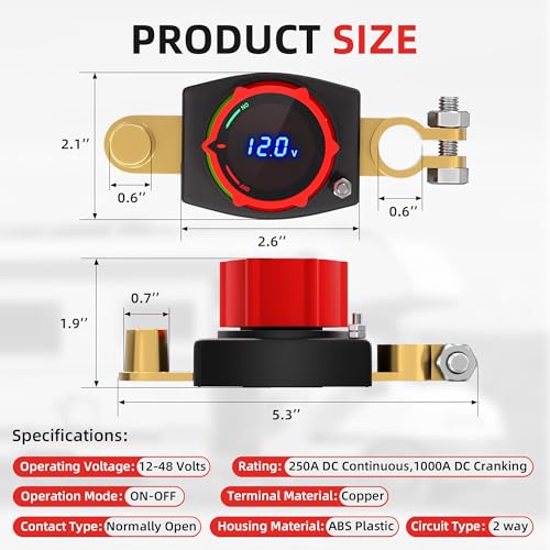 Image of Joinfworld Top Post Battery Disconnect Switch 12V-48V with Led Voltmeter, DC 5-60V Battery Kill Switch Negative On /Off Battery Cut Off Switch for Marine, Cars, Vehicles, RVs and Boats