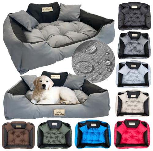 KING DOG Hundebett Grosse Hunde Waschbar L 100 x 75 cm Hundekissen Haustierbett Hundekorb Personalisiert - Name des Hundes Wasserdichtes Material Silikon Füllung Dunkelgrau
