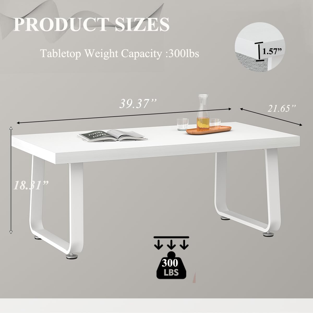 HSH Couchtisch Weiß, Wohnzimmertisch aus Holz Metallgestell, Sofatisch, Tisch, Beistelltisch, Kaffeetisch, Couchtisch Klein für Wohnzimmer, Teetisch aus Holz, Modern,Weiß 100B x 55T x 46.5H cm