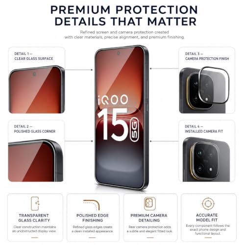 Image of FIRST MART Tempered Glass & Camera Lens for IQOO 15 With Edge to Edge Coverage, Case Friendly, Camera Metal Alloy Rings & Easy Installation Kit | Black, Ultrasonic Fingerprint Working