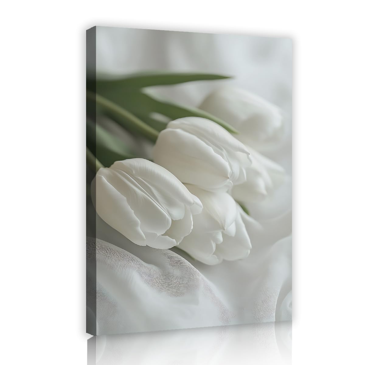 TOANGWALL Minimalist White Tulip Framed Canvas Wall Art Elegant Fresh Flowers Botanical Nature Greenery Picture Stretched Printed Poster for Bedroom Bathroom Decor 80x120cm