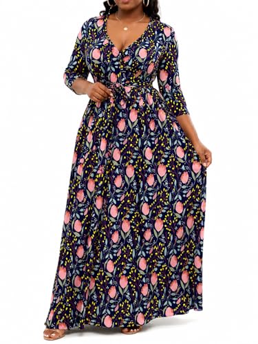 PinkPatty Women's Plus Size Maxi Dresses 3/4 Sleeves Bohemian Long Dress Printed Swing Dress with Belt