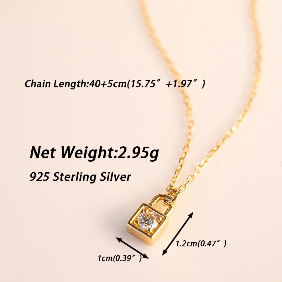 YYDSUNY 14K Gold Plated Dainty Lock Pendant Necklace for Women 925 Sterling Silver White Cubic Zirconia Lock Chain Choker Necklace to Mother Daughter Birthday Valentines Jewelry Gifts - Image 4