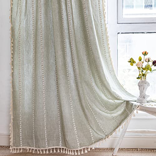 Image of RoomTalks Sage Green Boho Farmhouse Curtains for Bedroom Living Room 84 Inch Length French Country Spring Cute Textured Window Curtain Panels Striped Bohemian Chic Tassel Draperies, 84’’L x 52’’W