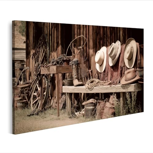 islandburner Cuadro sobre lienzo Vintage Western Mural con sombreros y botas – Edición P2