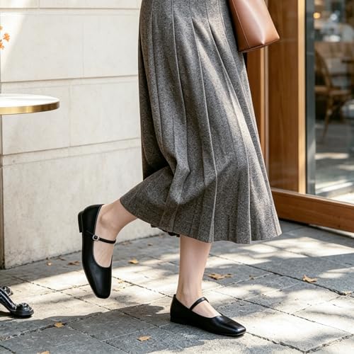 Image of MUSSHOE Square Toe Mary Jane Flats for Women: Comfortable Non-Slip Dressy Business Casual Shoes with Adjustable Strap for Office Work