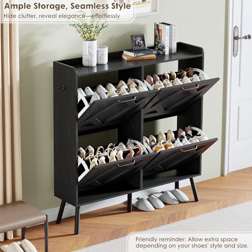 Image of Nicetree Shoe Cabinet with 4 Flip Drawers, Hidden Shoe Rack Cabinet with Metal Legs, Farmhouse Narrow Shoe Storage Cabinet for Entryway, Foyer, Hallway, Black
