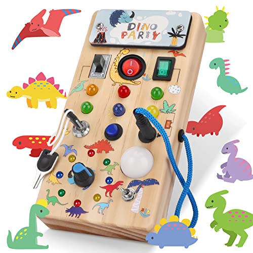 Image of Syahro Montessori Busy Board, Wooden Kid Sensory Board, Dino Led Light Switch Travel Toy, Baby Road Trip Essentials, Christmas & Birthday Gift for 1+ Toddler Boy and Girl