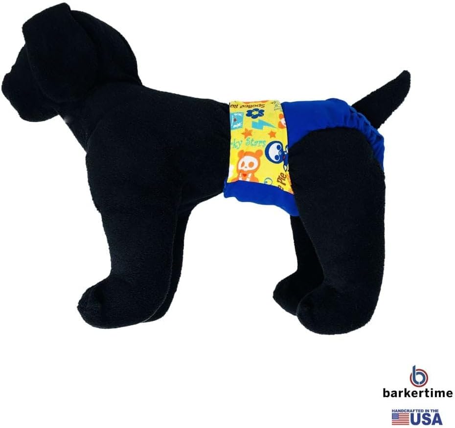 Yellow Skeleton Figures on Blue Premium Waterproof Dog Diaper, XXL, with Tail Hole - Made in USA