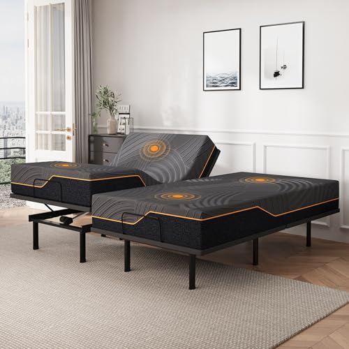 Image of Dyonery Split King Adjustable Bed Frame + 14 Inch Memory Foam Mattress | Wireless Remote, Head and Foot Incline & Massage, Zero Gravity, Cooling Copper Foam, Fiberglass Free, Tools-Free Assembly