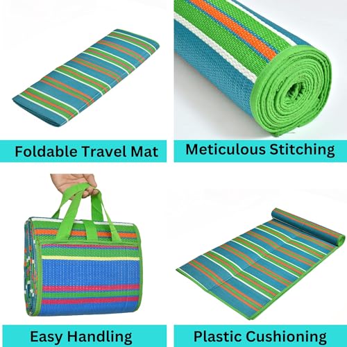 Image of 6x9 Feet Plastic Chatai Mat for Sleeping | Foldable Floor Mat for Home Use | Lightweight Chattai with Handles | Multipurpose Sleeping Mat for Floor - Blue