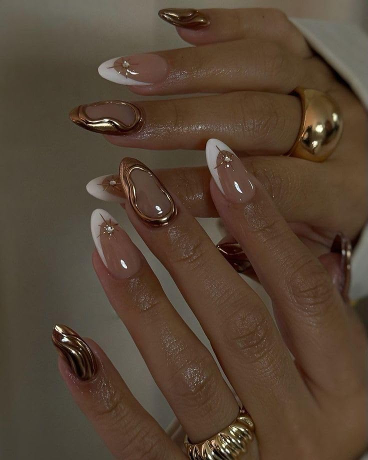 Image of Gold Chrome Press on Nails Almond Shape | Glossy Nude French Tip False Nails with 3D Metal Design & Rhinestones | Press On Nails Kit for Women And Girls Fake Nail Extension | Reusable Nail Extension For Women With Glue Tab | Long Lasting Glossy Finish Artificial Nails | Easy to Apply Fake Nails for Salon Look at Home | Stick-On Manicure Kit For Parties, Weddings And Gifts | Trendy Nail Art Set for All Occasions (Peach-GoldChrome)