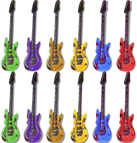 Novelty Place Inflatable Guitar for Youngsters (12 Pack) – 35 Inch Blow Up Electrical Guitars Assorted Colours, Waterproof Inflatable Rock Star Guitar Toy for 80s 90s Musical Live performance Themed Social gathering Favor