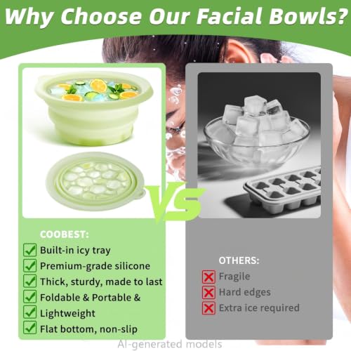 Image of coobest Face Bowl for Ice with Built-in Icetray, Silicone Ice Facial Folding Washbasin, Facial Plunge Bowl, Face Icebath at Home (Green)