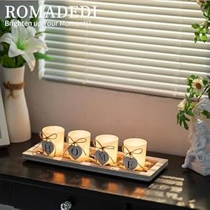 Romadedi farmhouse centerpiece candle holder decor rustic wooden tray with 4 glass tealight candles holders for coffee table home decorations living room fireplace kitchen housewarming gifts  urban country home decor