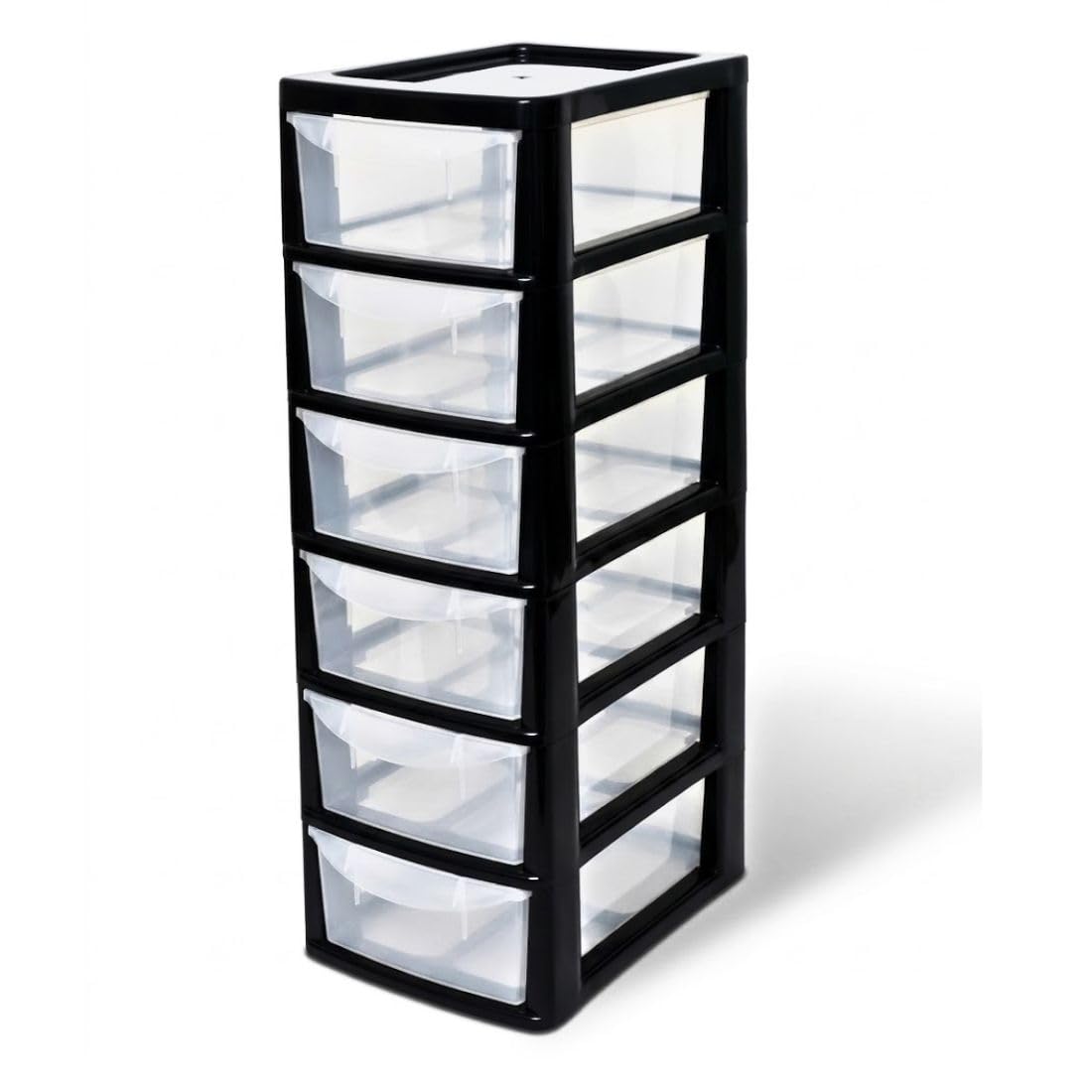 Khanary Plastic Storage Drawers Unit 6 Tier Small Mini Tower for Homes, Kitchen, Schools, Offices Desktop Table Top Drawer Organizer Stationary 26Dx19Wx60H Black Clear