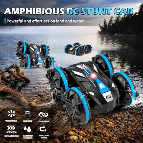 Amphibious Remote Control Car Boat Waterproof RC Monster Truck Stunt Vehicle 4WD 360°All Terrain Rotating Water Beach Pool Toys for 6 7 8 9 10 11 12 Years Boys Girls Christmas Birthday Gifts - Image 3