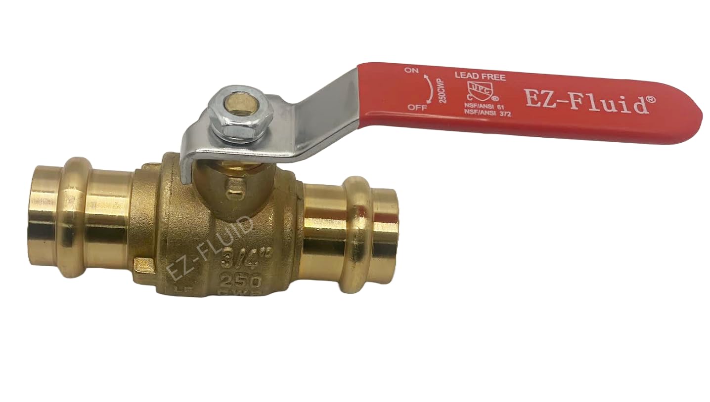 EZ-Fluid Válvula de bola de prensa de 3/4 pulgadas para fontanería, resistente de latón LF con puerto completo, válvula de bola de cierre, para tubos de cobre, cuarto de vuelta, mango rojo (1 paquete)