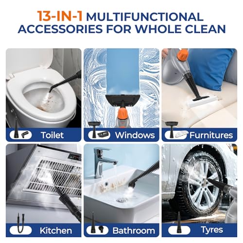 Image of Steam Cleaner, Pressurized Handheld 13pcs Multi-Purpose Natural Deep Cleaning Steamer, Portable Steamer for Cleaning Home, Grout, Kitchen, Car, Window, Upholstery, Bathroom and Clothes, Orange&Gray
