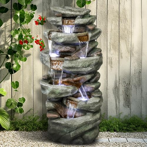 Image of SunJet 40.5 inch High Rocks Outdoor Water Fountain - 6-Tiers Cascading Waterfall with LED Lights, Soothing Tranquility for Home Garden, Yard Decor