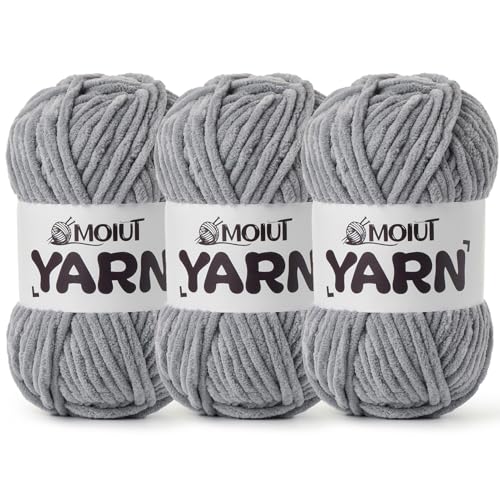 Image of 3 Pack Fluffy Chenille Yarn for Crocheting, Chunky Velvet Yarns for Crochet Amigurumi, Baby Yarn for Crocheting Soft Blanket, 262.4yds /10.5 oz Bulky Yarns for Crafts /Hats /Shoes /Socks (3 Grayish)